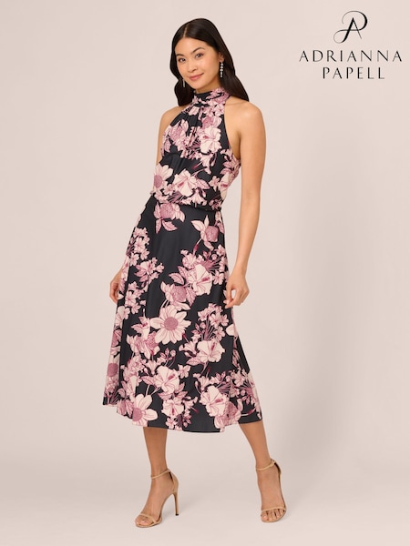 Adrianna Papell Print Chiffon Halter Black/Pink Dress (E98484) | € 248
