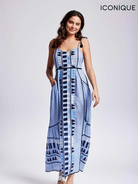 Iconique Blue Ada Strappy Maxi 100% Cotton Dress (E98504) | €95