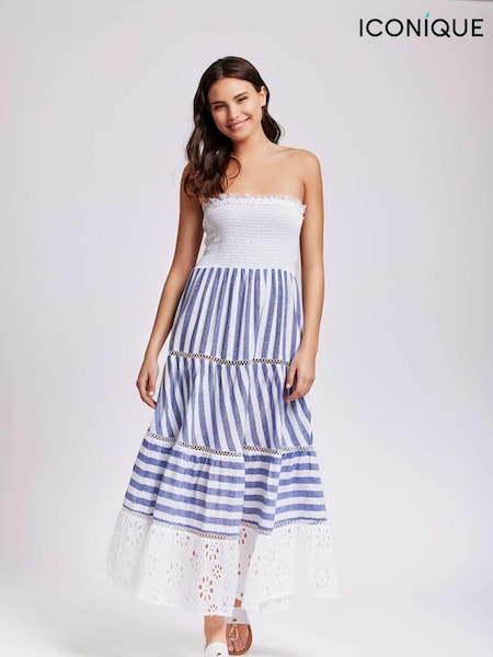 Iconique Blue Gaia Bandeaux Maxi Dress With Linen (E98511) | €65