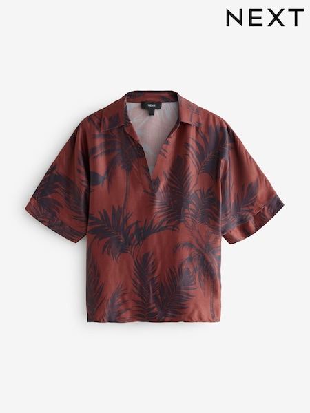 Brown/Navy Palm Print V-Neck Collared Satin Shirt (E98562) | AED58