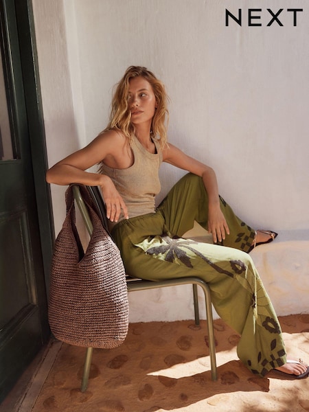 Green Wide Leg Trousers with Linen (E98588) | AED103