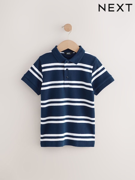Navy/White Stripe Textured Short Sleeve 100% Cotton Polo Shirt (3-16yrs) (E98651) | SGD 22 - SGD 32