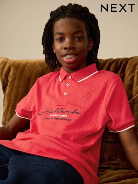 Red Textured Short Sleeve 100% Cotton Jersey Polo Shirt (3-16yrs) (E98660) | $17 - $26
