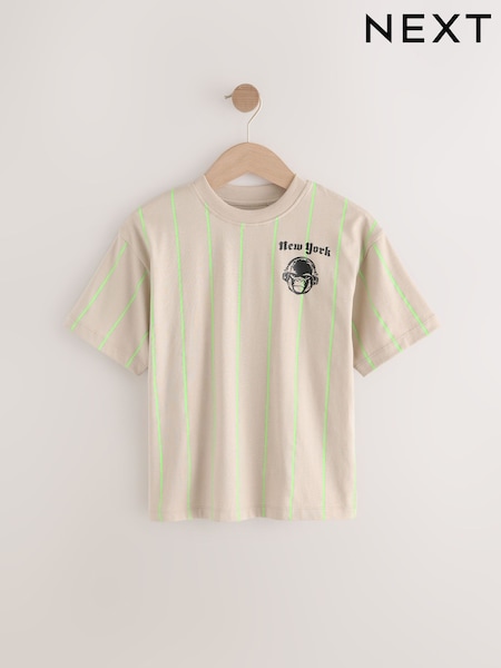 Stone/Lime Stripe Relaxed Fit Short Sleeve Graphic Print T-Shirt (3-16yrs) (E98707) | SGD 13 - SGD 19