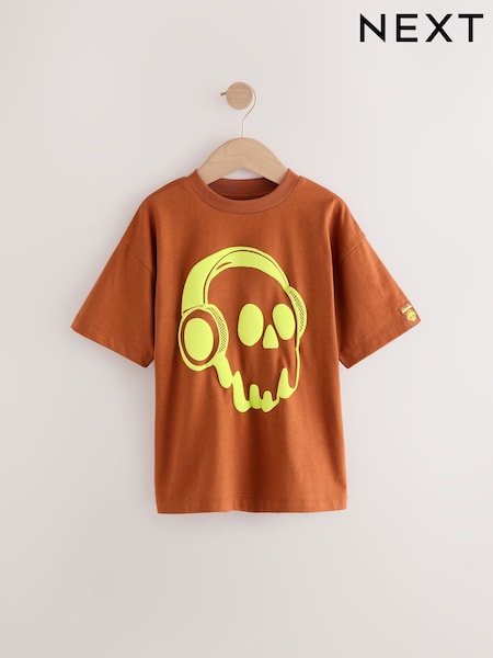 بني مائل للأحمر/فوسفوري - جمجمة - Relaxed Fit Short Sleeve Graphic Print T-Shirt (3-16yrs) (E98715) | ‏30 ر.ق. - ‏45 ر.ق.