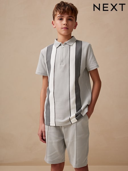 אפור/לבן - Zip Neck Stripe Polo Shirt And Shorts Set (3-16yrs) (E98797) | ‏75‏₪ - ‏109‏ ₪