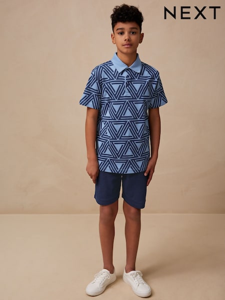 Navy Blue Geo Short Sleeve Polo Shirt and Shorts Set (3-16yrs) (E98799) | €25 - €36