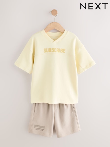 Yellow/Stone Subscribe V-Neck Short Sleeve T-Shirt and Shorts Set (3-16yrs) (E98801) | €22 - €33