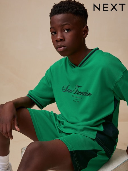 Green Sporty V-Neck Short Sleeve T-Shirt and Shorts Set (3-16yrs) (E98805) | €24 - €35