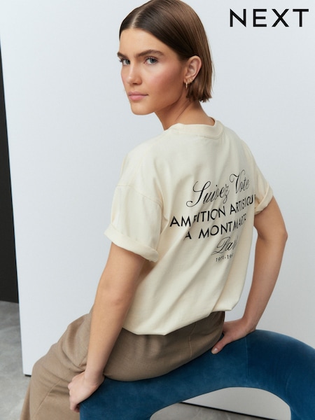 Ecru 100% Cotton Oversized Back Script Graphic Crew Neck T-Shirt (E98830) | €23