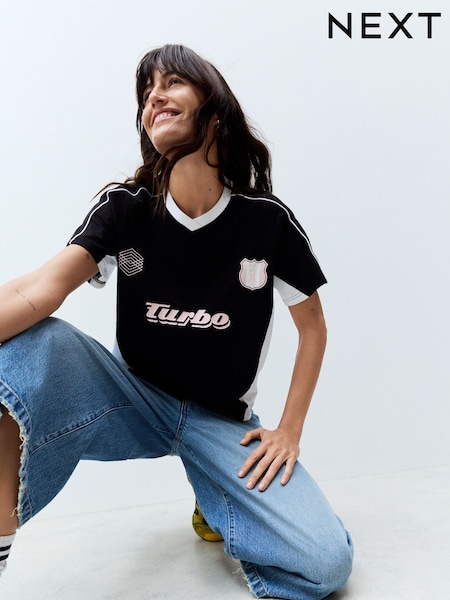 Black and White Football Inspired Graphic Short Sleeve Contrast Collar V-Neck 100% Cotton T-Shirt (E98833) | €25