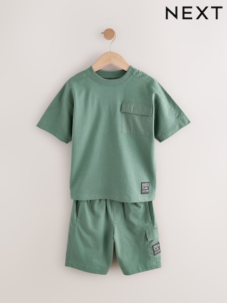 كاكي أخضر - 100% Cotton Utility Short Sleeve T-shirt And Shorts Set (3-16yrs) (E98836) | ‏7 د.ك.‏ - ‏10.500 د.ك.‏