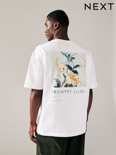 White Hokusai Floral Relaxed Fit Artist License 100% Cotton T-Shirt (E98965) | € 36