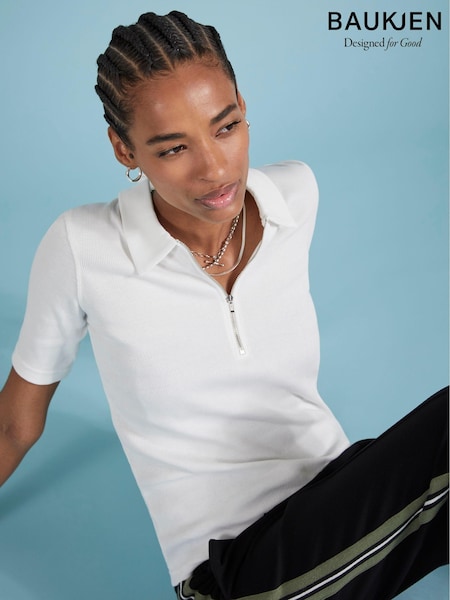Baukjen Ivy Rib Zip Collar 100% Cotton White Top (E99011) | €75