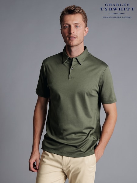 Charles Tyrwhitt Green Plain Short Sleeve Jersey Smart 100% Cotton Polo Shirt (E99270) | AED349