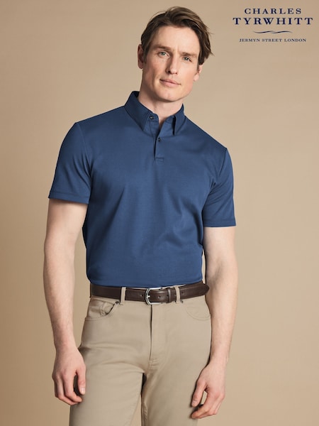 Charles Tyrwhitt Blue Plain Short Sleeve Jersey Smart 100% Cotton Polo Shirt (E99272) | R$ 590