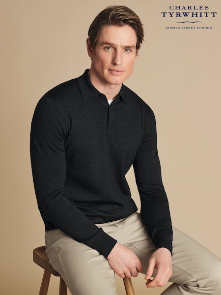 Charles Tyrwhitt Black Merino Button Neck Jumper (E99279) | R$ 790