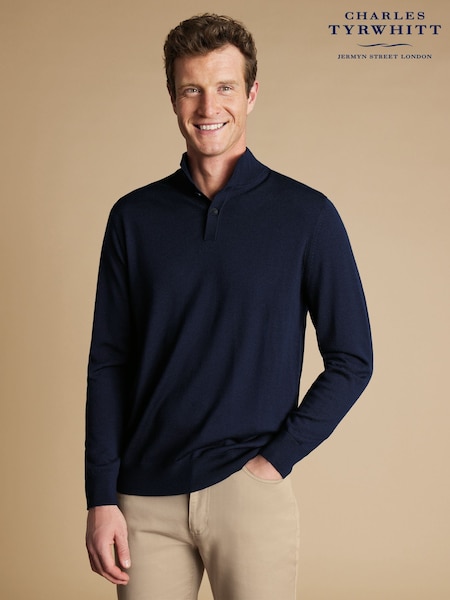 Charles Tyrwhitt Blue Merino Button Neck Jumper (E99295) | R$ 790