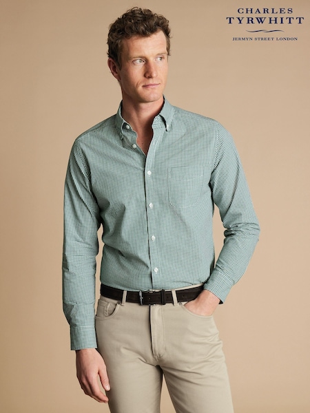 Charles Tyrwhitt Green Check SF Soft Washed Non Iron Stretch Poplin 100% Cotton Shirt With Pocket (E99310) | AED204