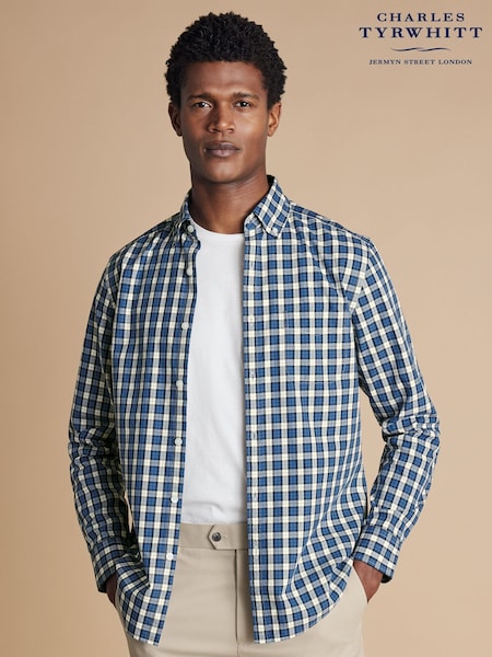 Charles Tyrwhitt Blue Check SF Soft Washed Non Iron Stretch Poplin 100% Cotton Shirt With Pocket (E99313) | AED204