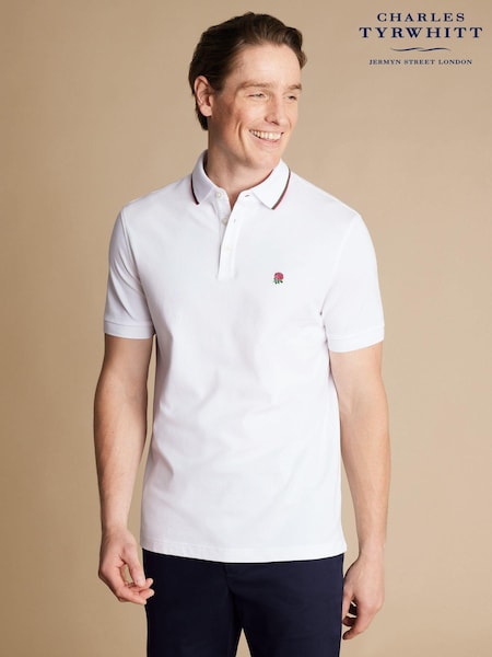 Charles Tyrwhitt White RFU Collar Detail Short Sleeve Pique Polo Shirt (E99326) | €86