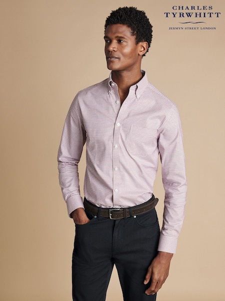 Charles Tyrwhitt Red Check Slim Fit Button-Down Non-iron Stretch Oxford Shirt (E99345) | ₪352