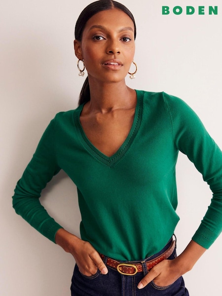 Boden Dark Green V-Neck Catriona Cotton Jumper (E99379) | 148 QAR