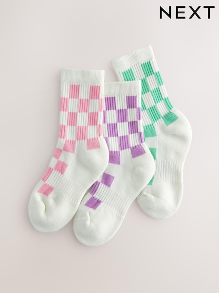 Blanco, rosa, morado y verde - 3 Pack Cotton Rich Checkerboard Cushioned Sole Ankle Socks (E99467) | 8 € - 10 €