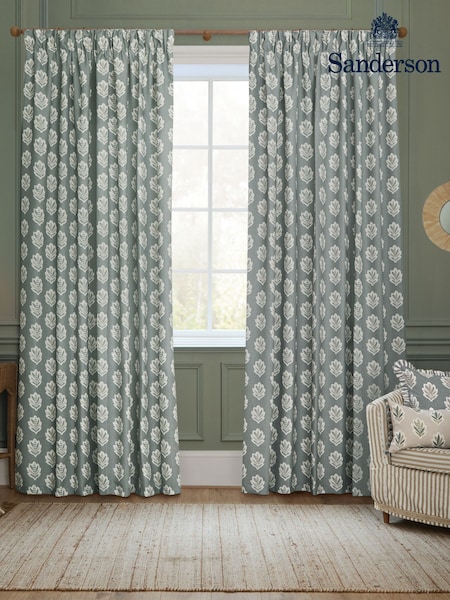 Sanderson Delph Blue Sessile Leaf Printed Pencil Pleat Curtains (E99475) | €119 - €306