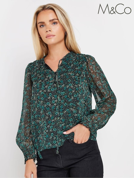 M&Co Blue Petite Floral Print Long Sleeve Blouse (E99520) | €37