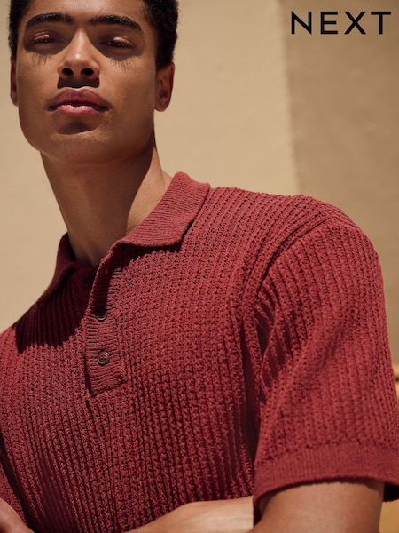 Rust Red Regular Fit Cotton Rich Short Sleeve Knit Bouclé Polo Shirt (E99828) | €41