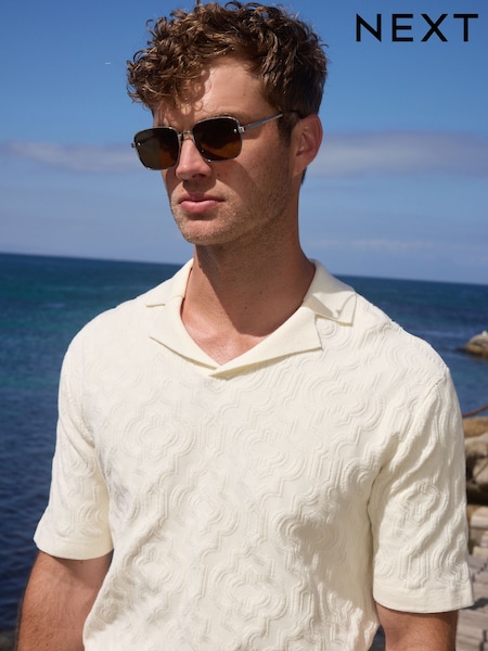 Ecru White Regular Fit Cotton Rich Knit Textured Trophy Neck Polo Shirt (E99829) | €34