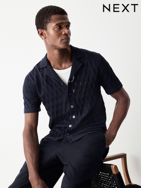 Navy Blue Regular Fit 100% Cotton Short Sleeve Cuban Collar Knit Pointelle Shirt (E99830) | €38
