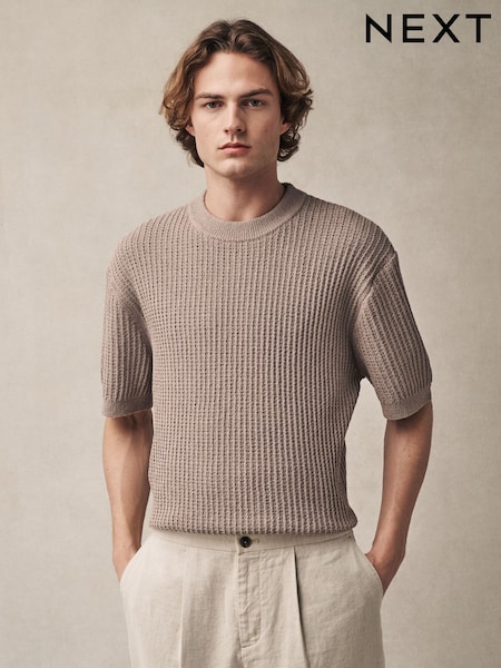 Neutral Relaxed Fit Cotton Rich Short Sleeve Bouclé Knit Crew T-Shirt (E99831) | R$ 305