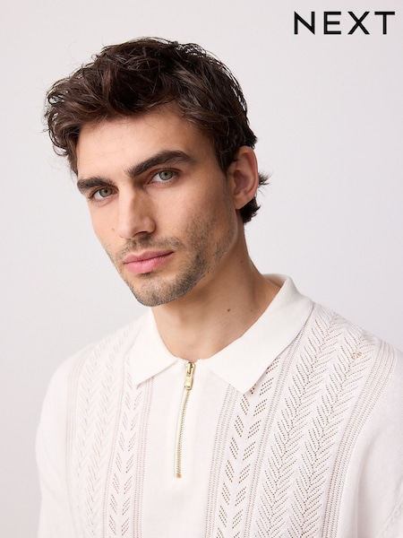 Білий - Regular Fit 100% Cotton Short Sleeve Knit Pointelle Quarter Zip Polo Shirt (E99835) | 1 188 грн