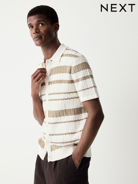لون محايد - Relaxed Fit Cotton Rich Short Sleeve Stripe Crochet Knit Shirt (E99836) | ‏149 د.إ.‏