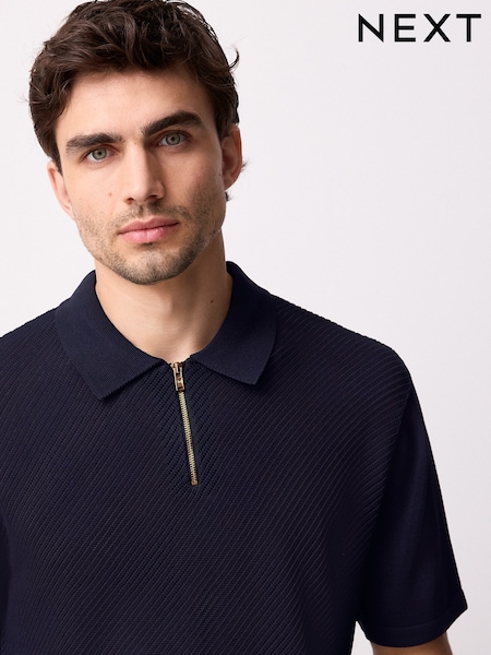 Laivasto Sininen - Regular Fit Short Sleeve Mesh Knit Quarter Zip Polo Shirt (E99837) | €44