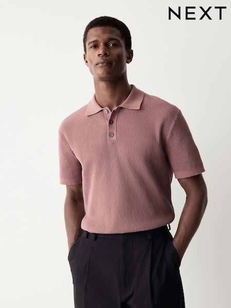 Blush Pink Regular Fit 100% Cotton Short Sleeve Knit Textured Rib Polo Shirt (E99838) | €32