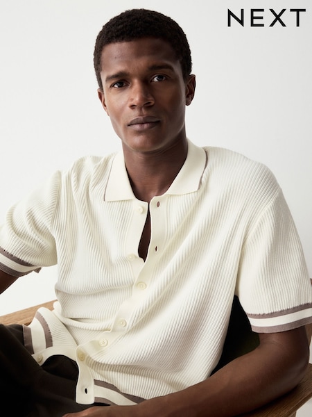 Кремово-білий - Regular Fit 100% Cotton Short Sleeve Tipped Knitted Shirt (E99839) | 1 262 грн