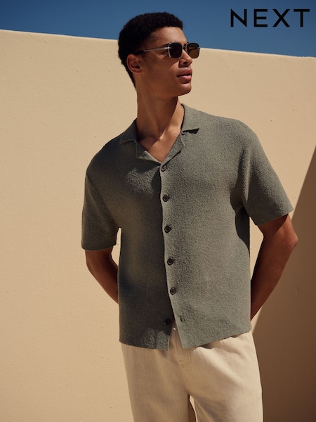 Green Cotton Rich Relaxed Fit Short Sleeve Cuban Collar Bouclé Knit Shirt (E99841) | R$ 325