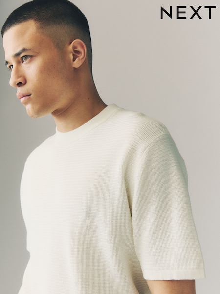 Ecru White Regular Fit Cotton Rich Textured Knit Crew T-Shirt (E99842) | 99 QAR