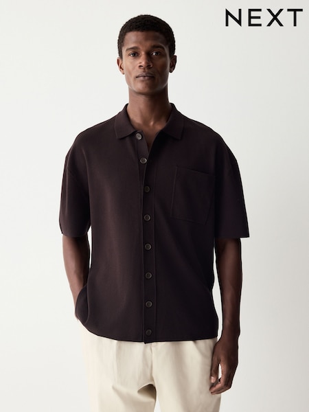 Brown Relaxed Fit Premium Short Sleeve Knit Button-Through Polo Shirt (E99843) | $62