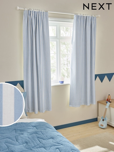 Blue Stripe Pencil Pleat Blackout Curtains (E99881) | €74 - €127