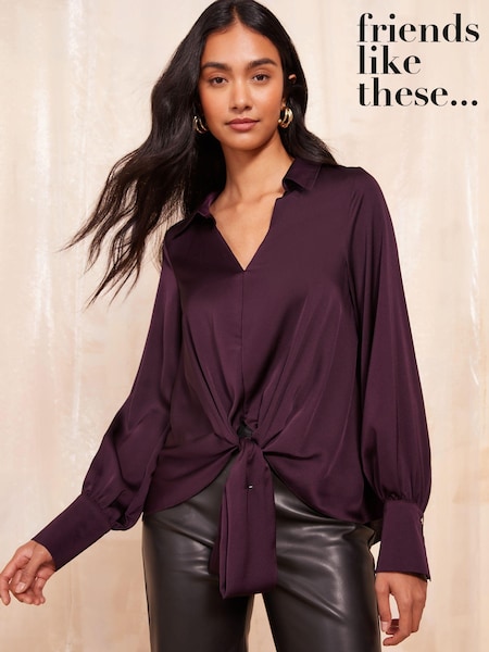 Violet - Friends Like These Cravată Front Satin Cămăși With Mânecă lungă (E99963) | 125 LEI