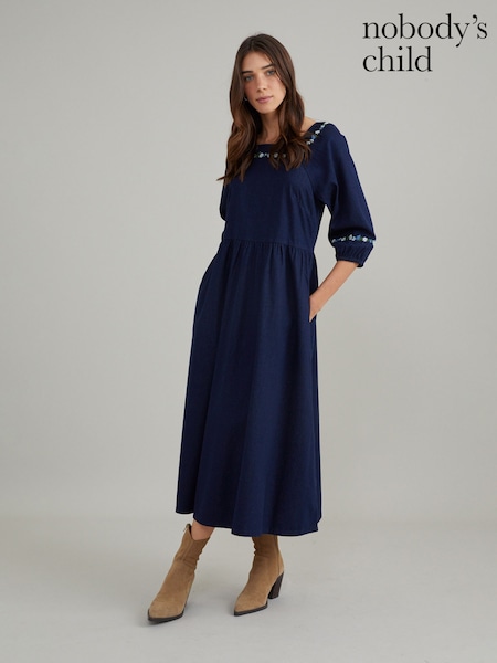 Nobodys Child Blue Denim Garland Embroidered Midi Dress (F00018) | R$ 1,185