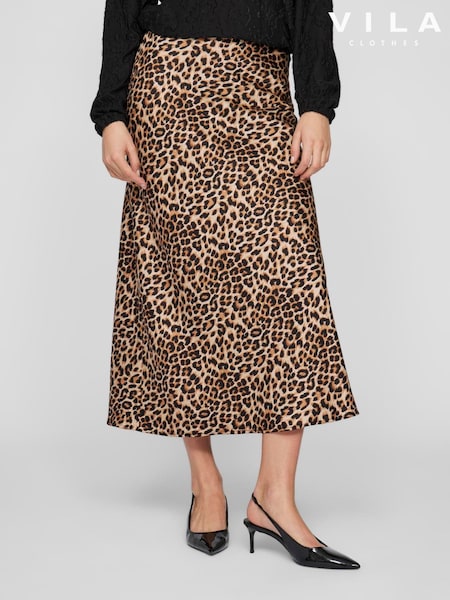 VILA Brown Satin Leopard Print Midi Skirt (F00148) | 84 QAR