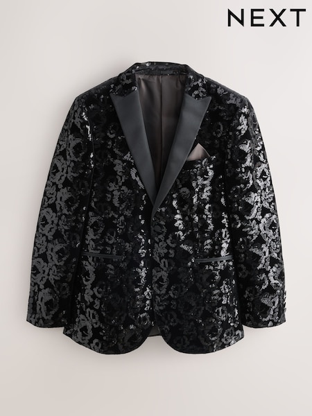 Black Slim Fit Floral Velvet Sequin Blazer (F00156) | €130