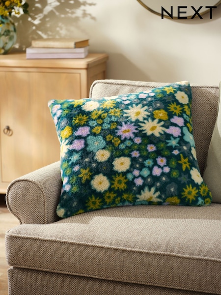 Green 50 x 50cm Floral Faux Fur Cushion (F00421) | 78 QAR