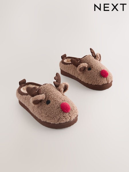 Brown Reindeer Christmas Cosy Slipper Mules (F00485) | €17 - €22