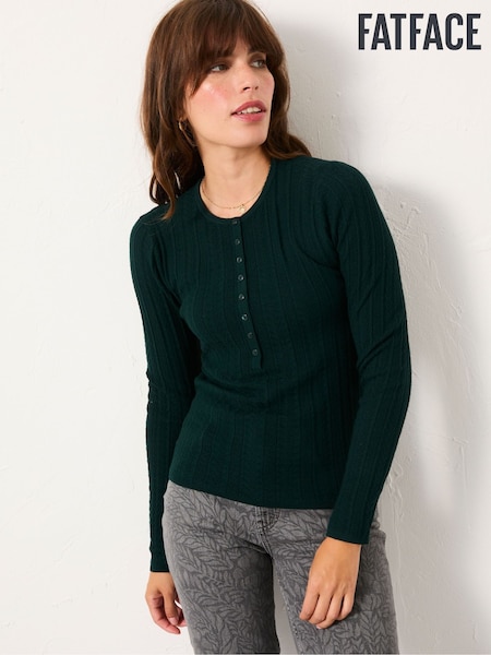 FatFace Mae Jade Green Knitted Textured Henley Jumper (F00560) | €66